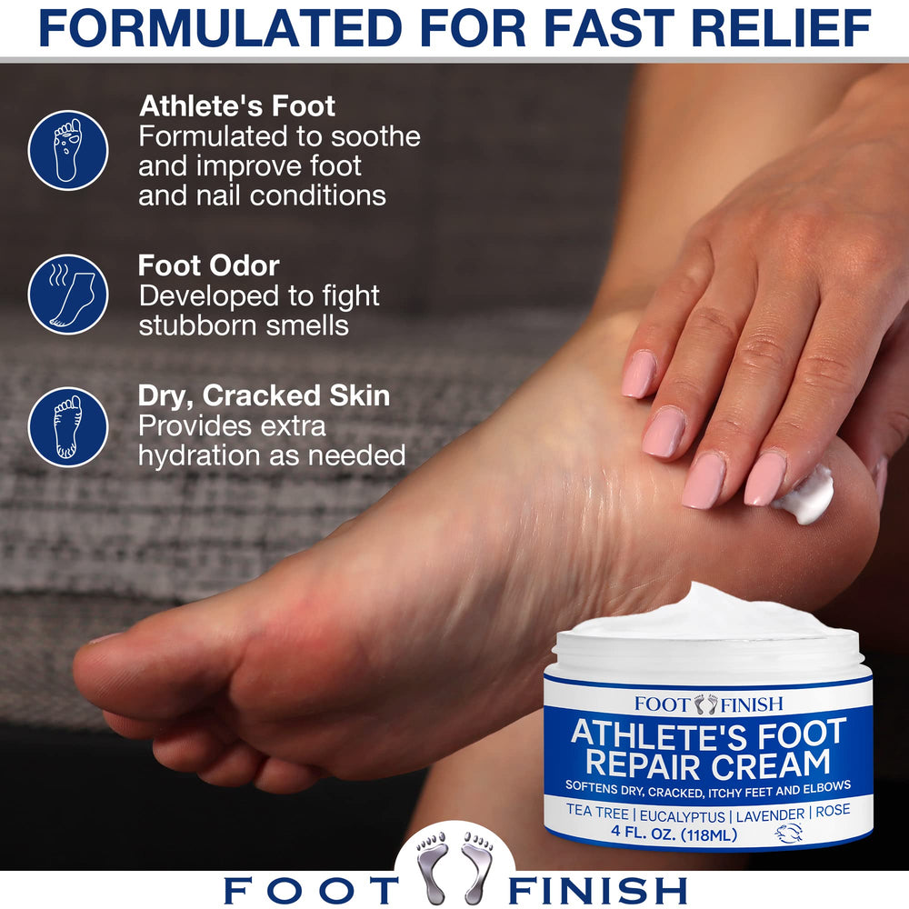 Foot Finish Foot Repair Cream for Athletes Foot Treatment - 4oz Foot Cream for Dry Cracked Feet - Tea Tree Toenail Treatment - Powerful, Natural Anti Itch Cream with Tea Tree, Rose & Lavender Oil