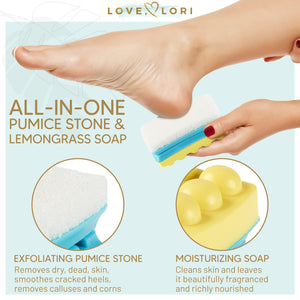 
            
                Load image into Gallery viewer, 2-in-1 Pumice Stone for Feet &amp;amp; Foot Scrub Lemongrass Soap by Love Lori – Foot Pumice Stone Works as Foot Exfoliator Tool, Callus Remover, Foot Scrubber - Pedicure Kit Self Care Gifts for Women
            
        