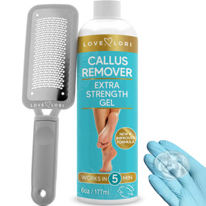 Love Lori Callus Remover for Feet - Foot Spa Kit with Extra Strength Callus Remover Gel, Salon Foot File Rasp and Gloves - Professional Foot Scrubber Dead Skin Remover at Home Pedicure Tools