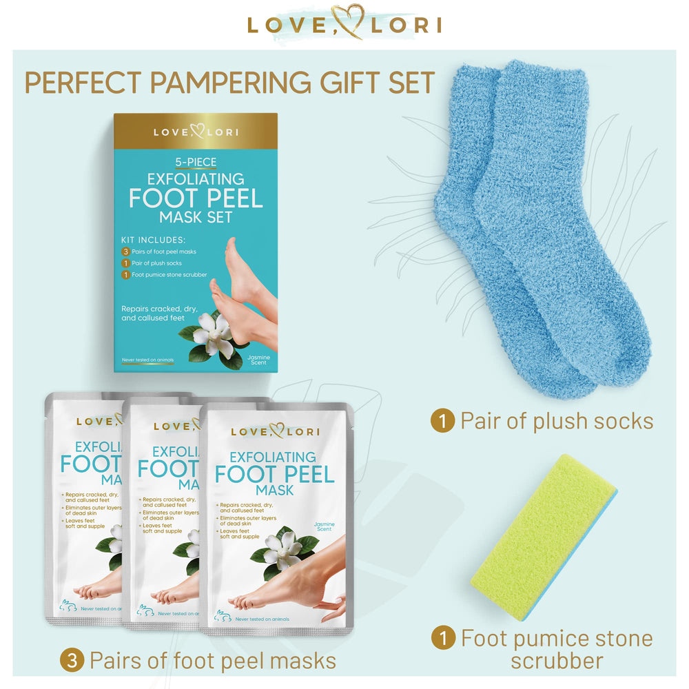 Foot Peel Mask 5pc Beauty Gift Sets - Feet Peeling Mask & Exfoliator - Foot Mask for Dry Cracked Feet Includes 3 Foot Masks, Pumice Stone & Socks, Self Care Gifts & Mother Day Gift Set by Love Lori