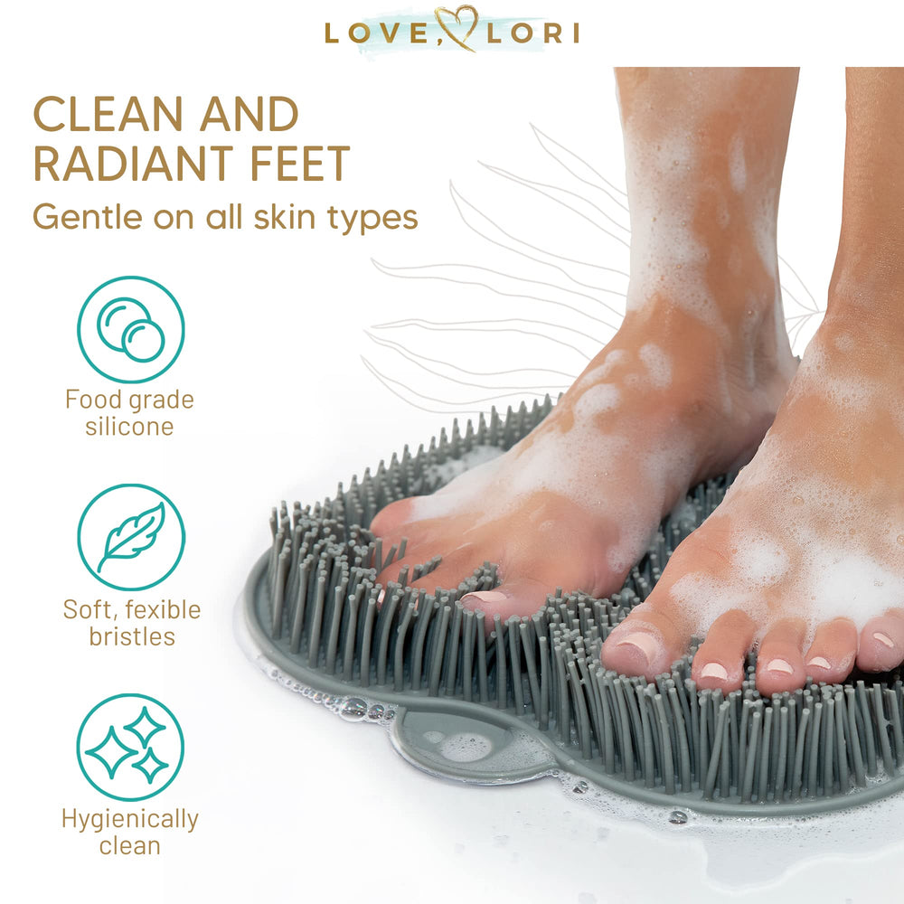LOVE, LORI Foot Scrubber for Use in Shower - Foot Cleaner & Shower Foot Massager Foot Care for Men & Women to Improve Circulation & Soothe Achy Feet - Non Slip Suction (Grey) - Shower Chair Friendly
